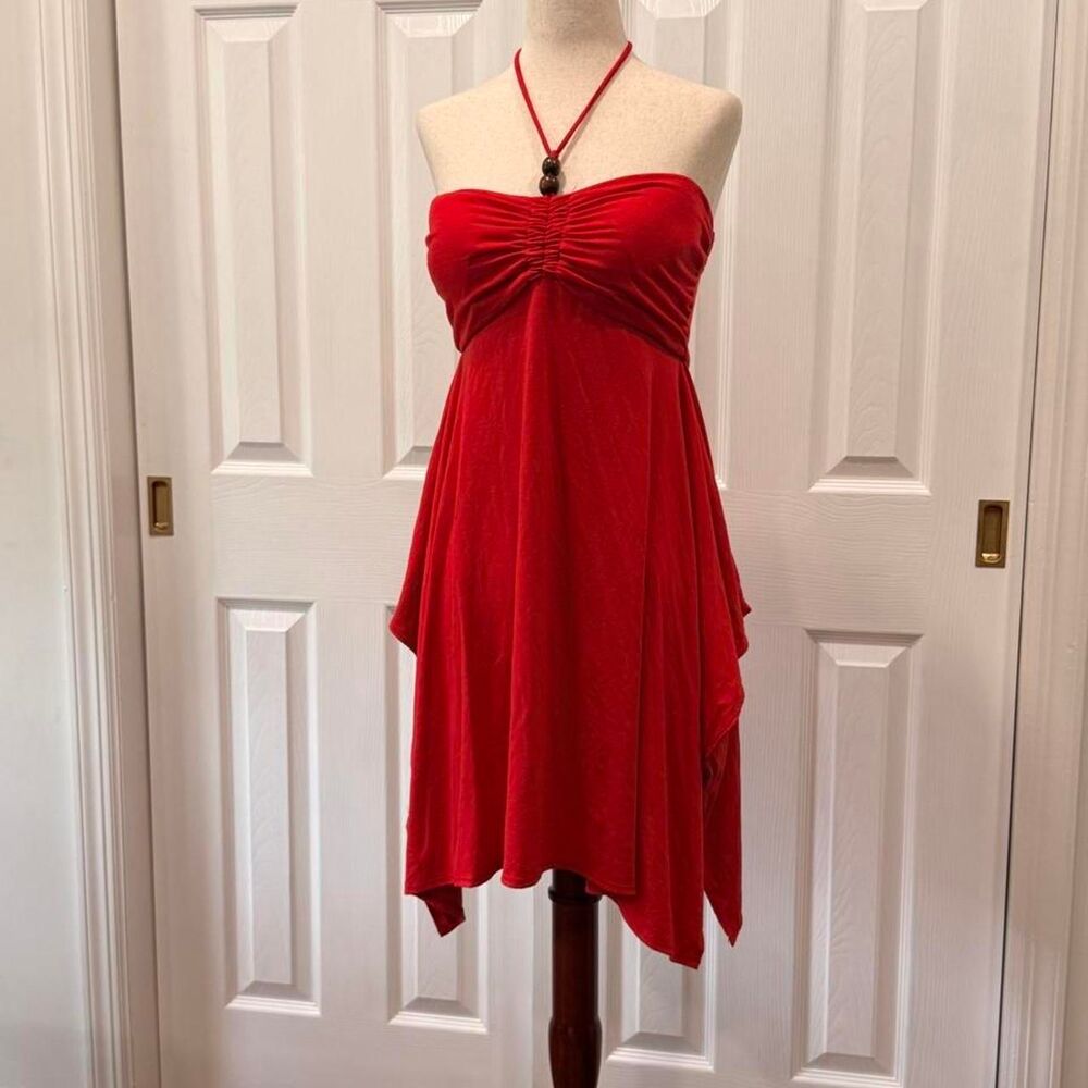 Red Y2K Halter Boho Bead Neckline Size M